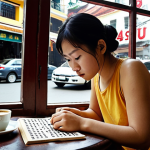**

Prompt: A person deeply engrossed in solving a Sudoku puzzle on a paper book, sitting at a coffee shop in Hanoi, surrounded by traditional Vietnamese coffee cups and the bustling street view outside the window. Focus on the intensity of their concentration and the intricate details of the puzzle.

**