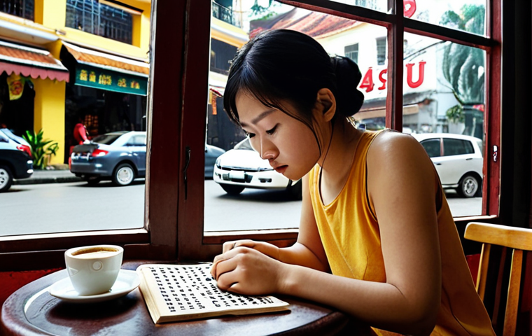 **
Prompt: A person deeply engrossed in solving a Sudoku puzzle on a paper book, sitting at a coffee shop in Hanoi, surrounded by traditional Vietnamese coffee cups and the bustling street view outside the window. Focus on the intensity of their concentration and the intricate details of the puzzle.
**