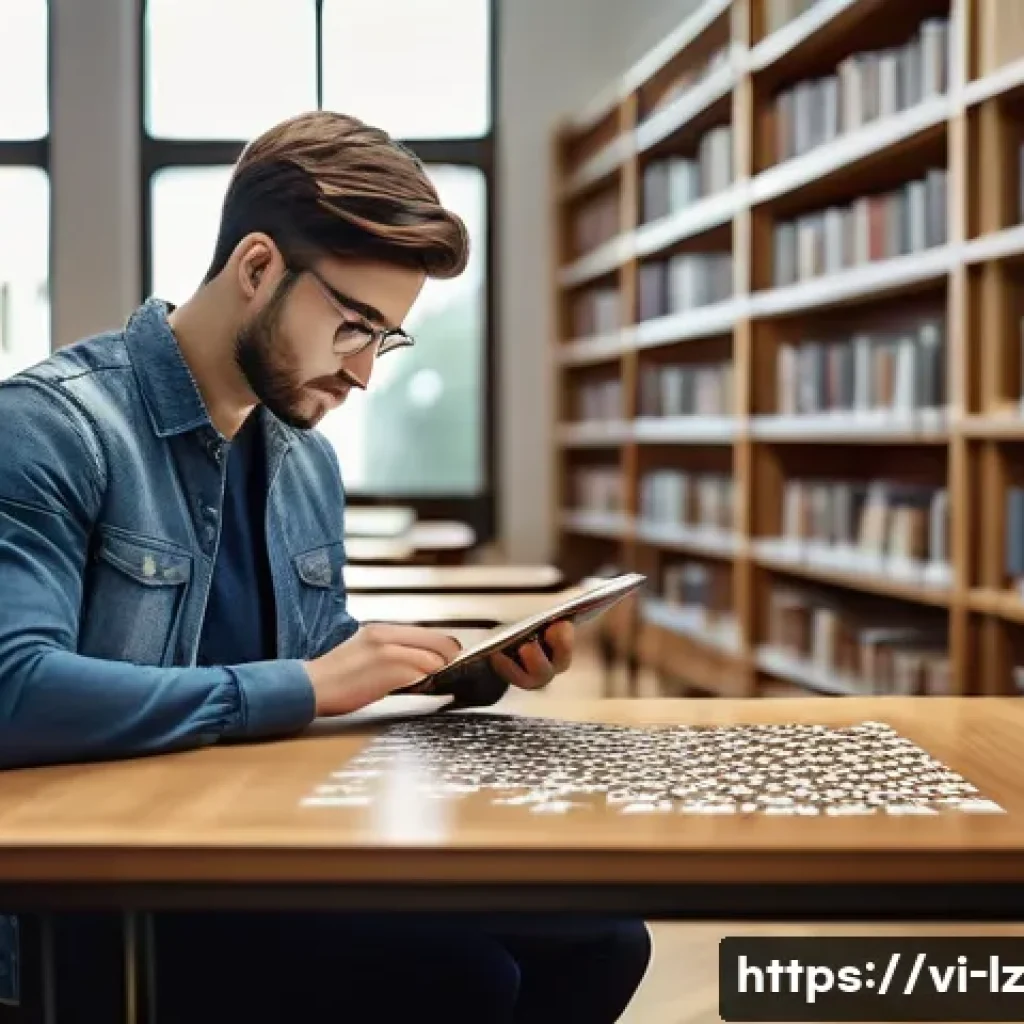 패턴 인식 능력을 높이는 과학 실험 - A focused young adult studying in a quiet modern library filled with natural light, surrounded by bo...