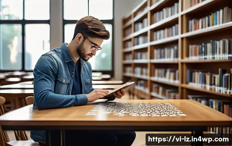 패턴 인식 능력을 높이는 과학 실험 - A focused young adult studying in a quiet modern library filled with natural light, surrounded by bo...
