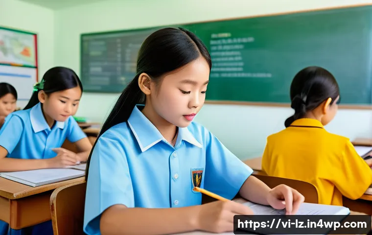 패턴 인식 능력 향상을 위한 글로벌 사례 - A modern Vietnamese classroom scene showing diverse students engaged in interactive learning using c...