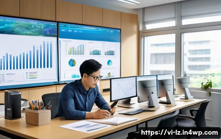 패턴 인식 능력 향상을 위한 워크북 - A detailed workspace scene showing a Vietnamese professional analyzing various pattern charts and fi...