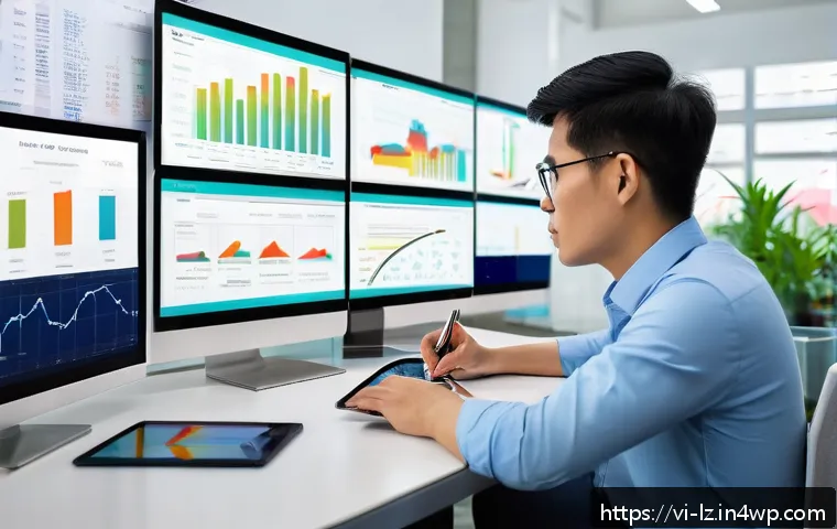 패턴 인식 능력과 전략적 사고의 관계 - A modern Vietnamese market analyst workspace showing a young professional in smart casual attire stu...