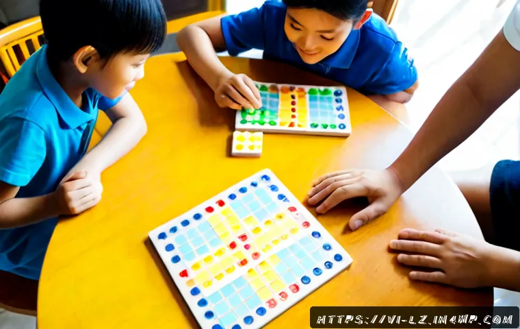 Home 17 패턴 인식 능력 향상을 위한 게임 - Photorealistic overhead view of a Vietnamese family playing a colorful wooden pattern-matching game ...