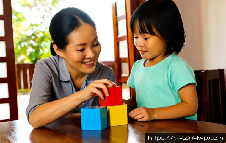 어린이를 위한 패턴 인식 게임 - Photorealistic Vietnamese mother and young child playing a pattern recognition game at a clean woode...